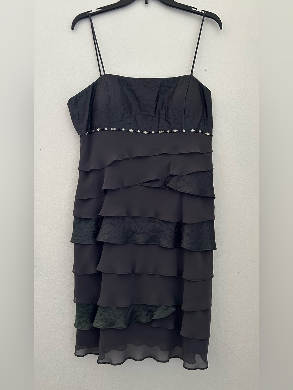 SL Fashions Charcoal Gray Tiered Spaghetti-Strap Dress with Rhinestone Band
